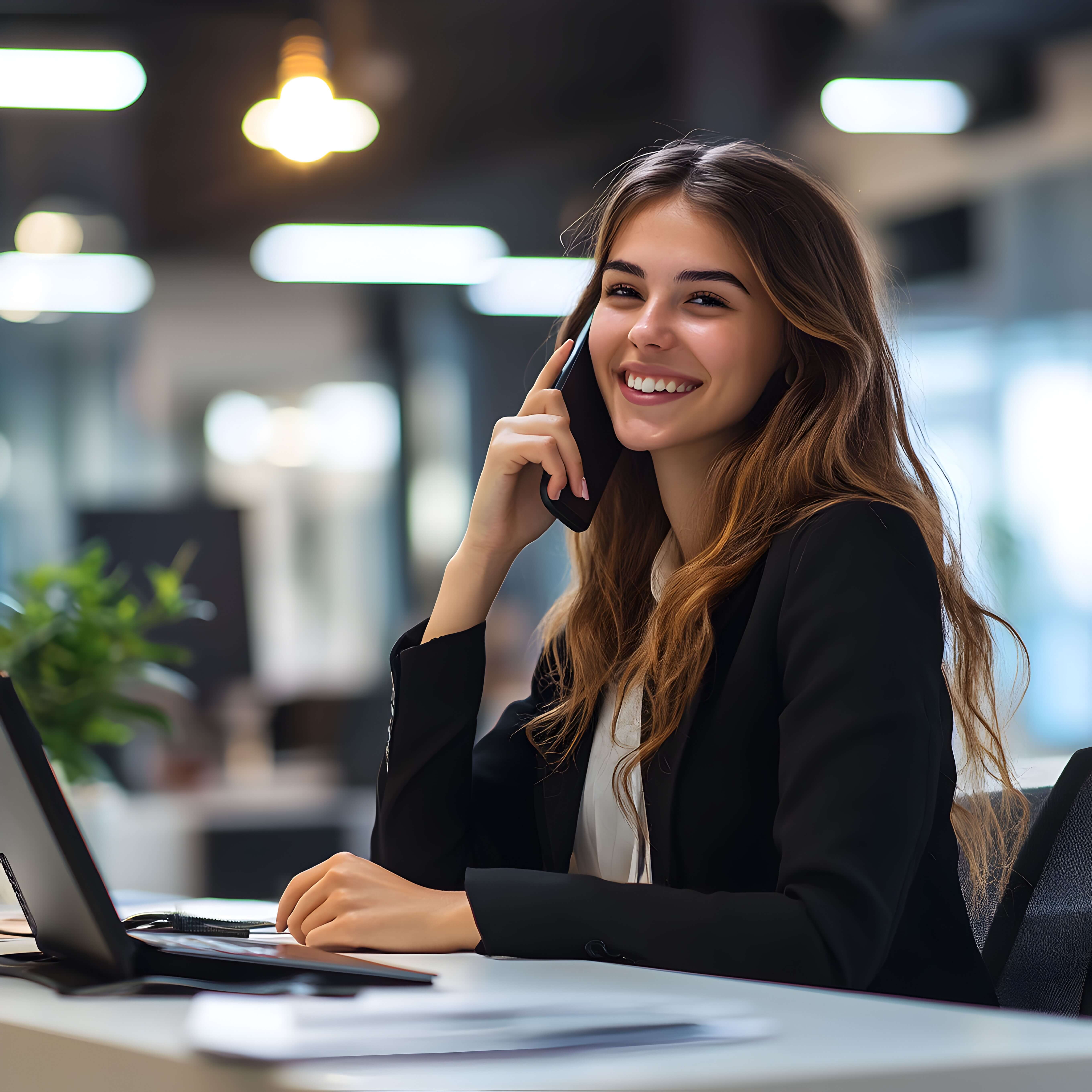 youngfemalereceptionistprofessionaloutfitsmilingwhileansweringphonecallfrontdeskmodernoffice1_m0nde_5443